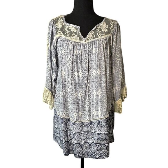 John Mark Peasant Mini Dress 3/4 Bell Sleeve Lace Detail On Blue - Picture 2 of 12